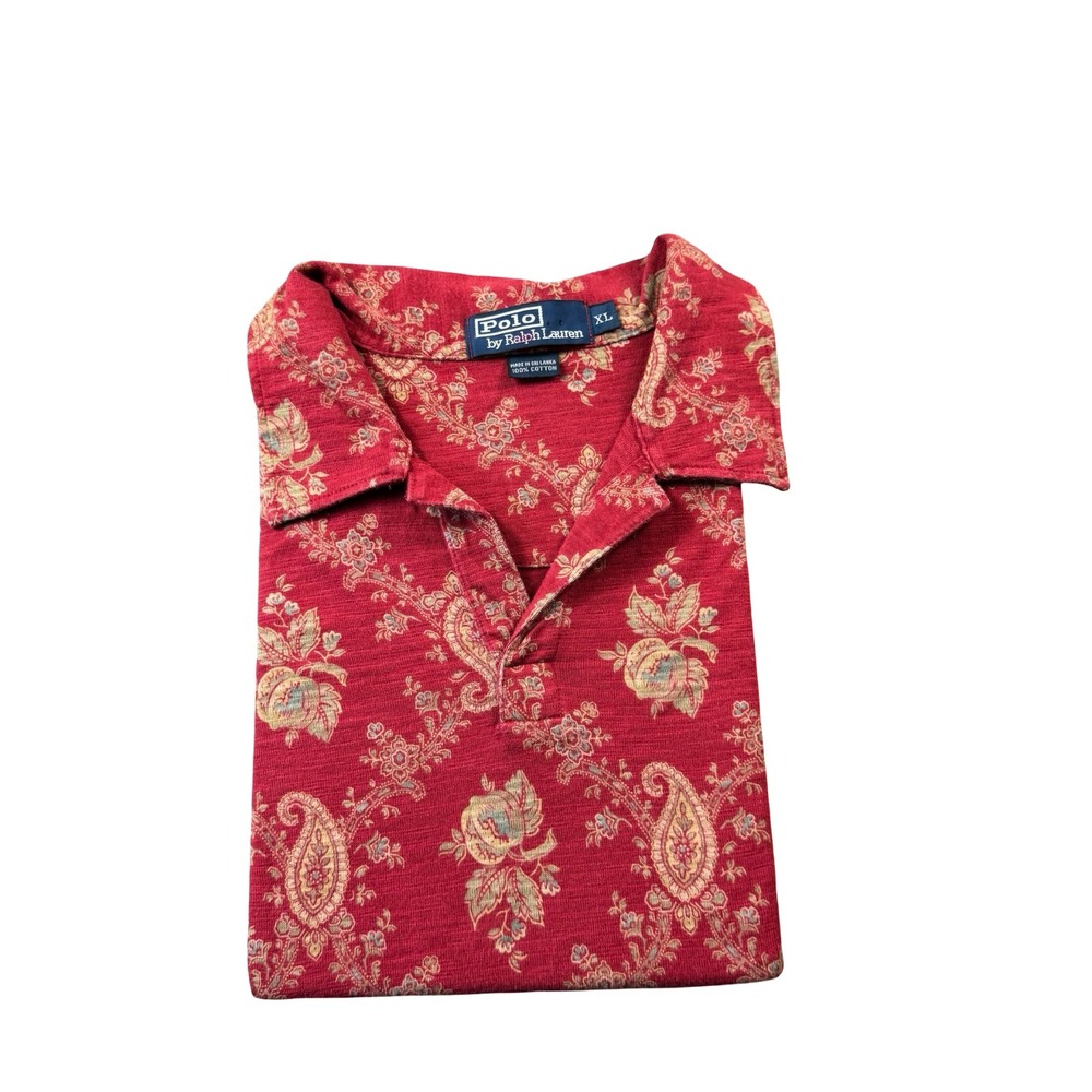 Polo Ralph Lauren Red VTG 90s Paisley Print Mens Cotton Polo Shirt Size XL